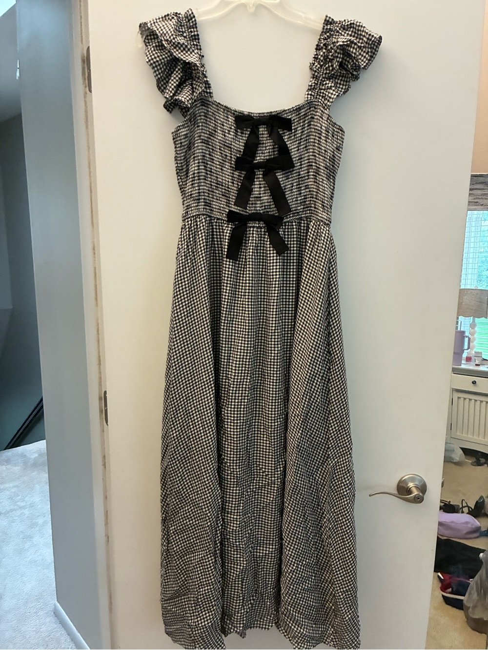 Black and White Gingham Maxi Dress with Ruffle Straps